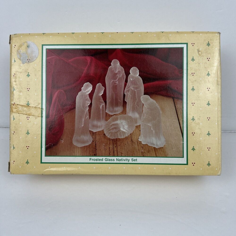 Vintage Frosted Glass Nativity Scene 4” Christmas Figurines Set of 6 With Box
